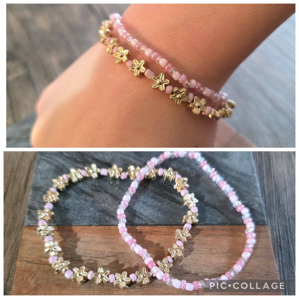 Set of 3 Handmade Beaded Bracelets Anklets Glass Seed Beads Pink Floral Feminine
